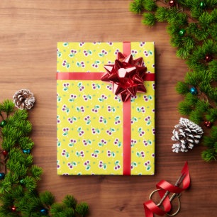 Retro girly yellow green cherry pattern gift wrap
