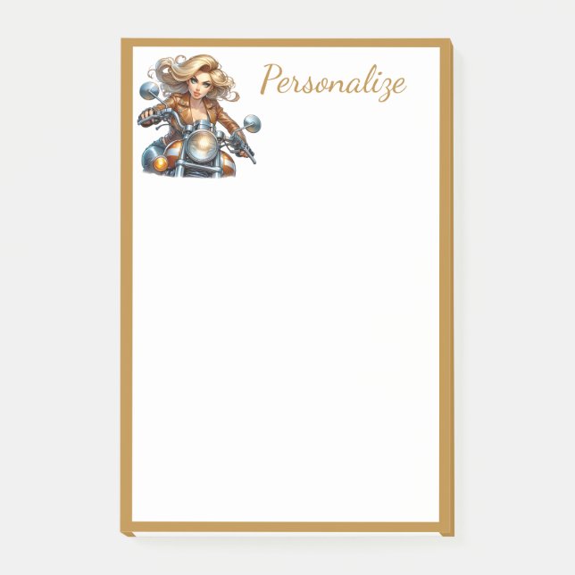 Retro Glam Girl Motorcyle Gold Border Personalise Post-it Notes (Front)