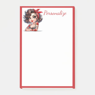 Retro Glam Girl Rose Tattoo Red Border Personalise Post-it Notes