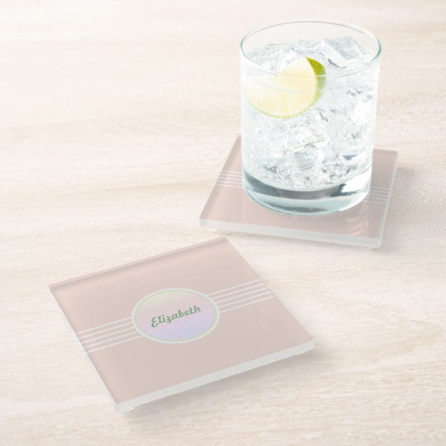 Retro Glam Personalised Pastel Coral Pink and Opal Glass Coaster (Angled)