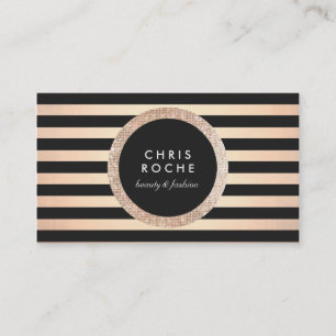 Retro Glam Rose Gold and Black Stripes Business Card