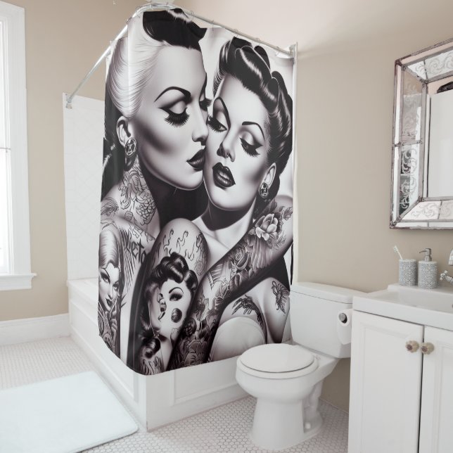 Retro Glam Tattoo Girls Shower Curtain (In Situ)