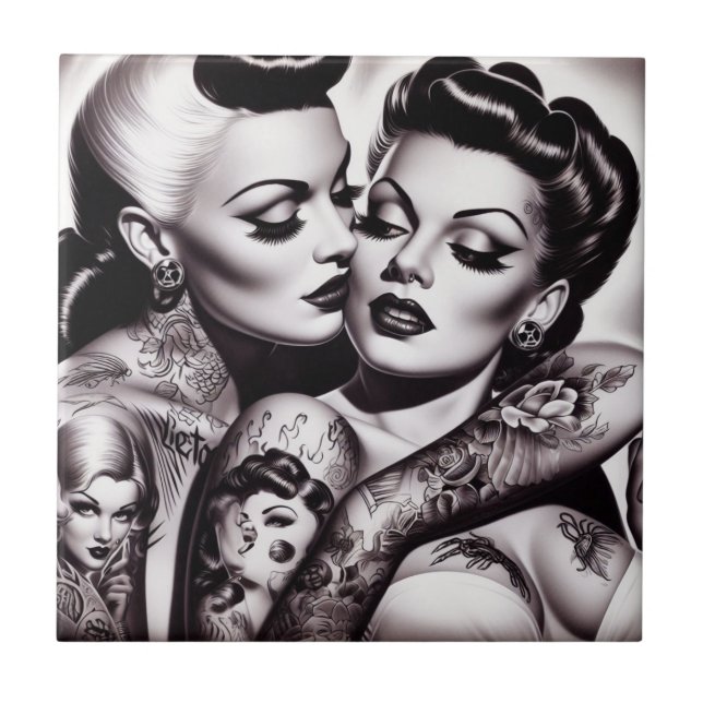 Retro Glam Tattoo Girls Tile (Front)