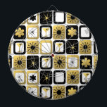 Retro Glamourous Gold Dart Board<br><div class="desc">What's black and white and gold all over? It's this Retro Glamourous Gold Dart Board. The mid century modern design features a grid of sophisticated images. There are mix and match patterns of mod flowers, starbursts, martini glasses, and impressionist stars on black, white, and gold backgrounds. This design is ideal,...</div>