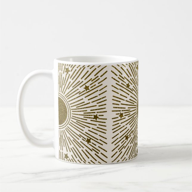 Retro glitter, golden sun with rays coffee mug (Left)