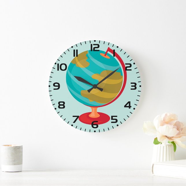 Retro Globe Illustration Vintage Earth Map  Large Clock (Creator Uploaded)