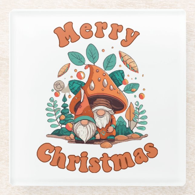 Retro Gnome Christmas Glass Coaster (Front)
