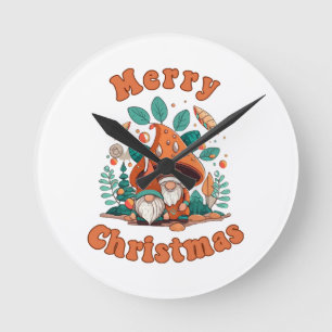 Retro Gnome Christmas Round Clock