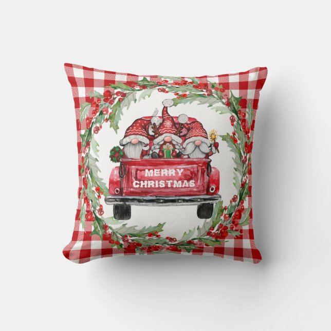 Retro Gnomes Christmas Buffalo Red Truck Holiday Cushion (Front)