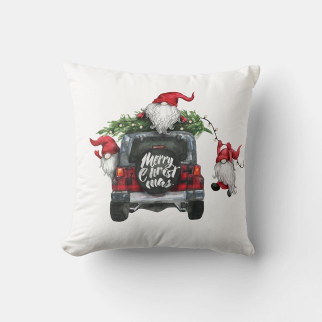 Retro Gnomes Christmas Buffalo Red Truck Holiday Cushion (Front)