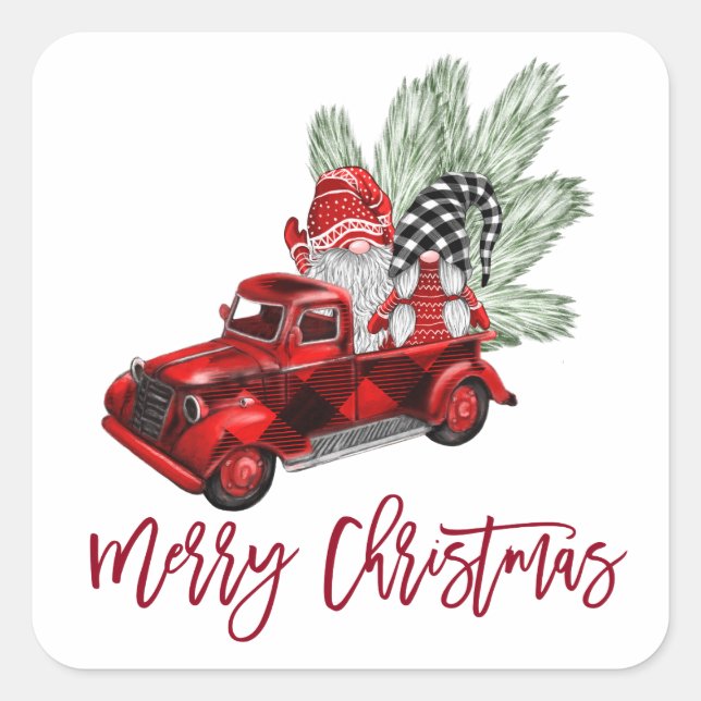 Retro Gnomes Christmas Buffalo Red Truck Holiday Square Sticker (Front)