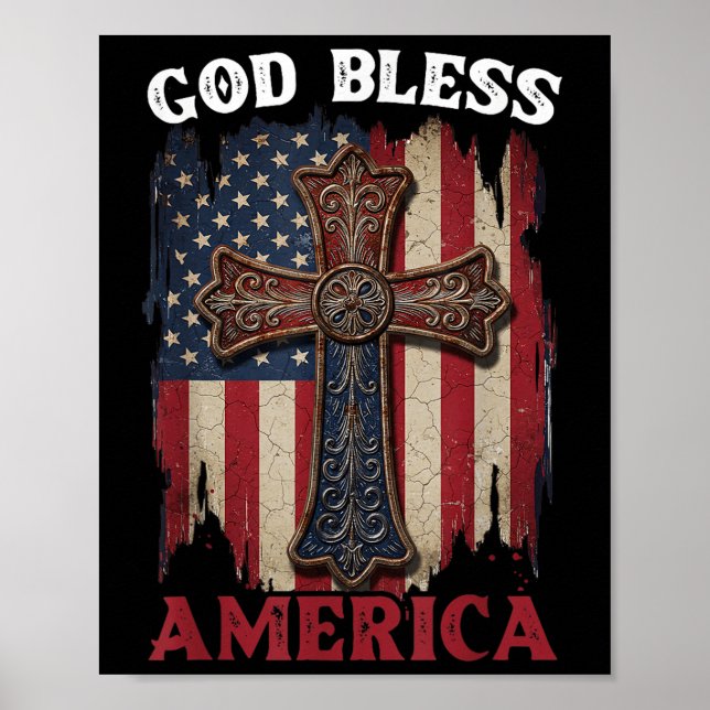 Retro God Bless America Patriotic Flag With Cross  Poster (Front)