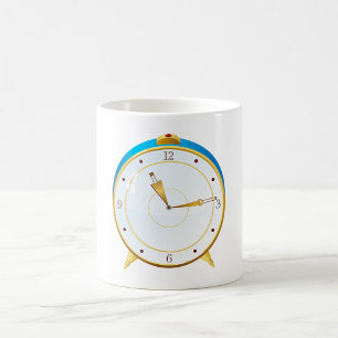 Retro Gold Alarm Clock with Blue Trim Timepiece  Coffee Mug