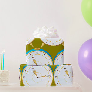 Retro Gold Alarm Clock with Blue Trim Timepiece  Wrapping Paper