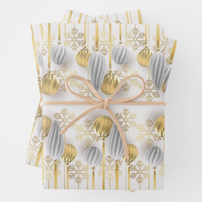 Retro Gold and Silver Christmas Ornaments Wrapping Paper Sheet (In situ)