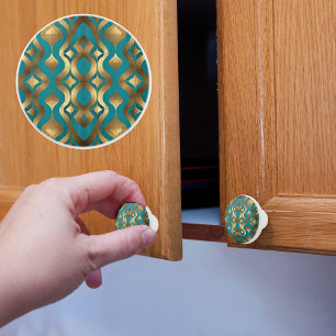 Retro Gold and Turquoise Ceramic Knob