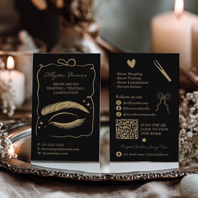 Retro gold black Doodles Brow Artist QR Code Business Card (Retro gold black Doodles Brow Artist QR Code Business Card)