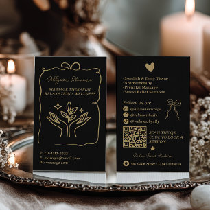 Retro Gold black Doodles Massage Therapist QR Code Business Card