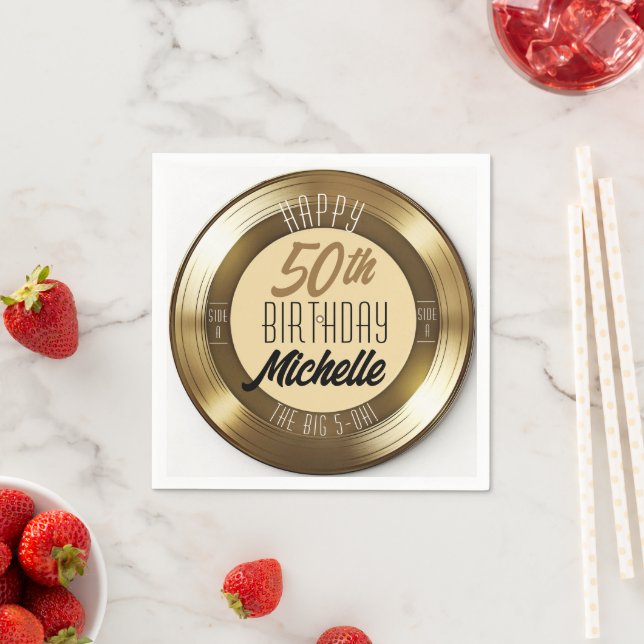 Retro Gold Black Vinyl Record 50th Birthday Party Napkin (Insitu)
