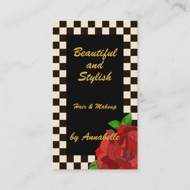 Retro Gold Black White Chessboard Red Rose Business Card (Front)
