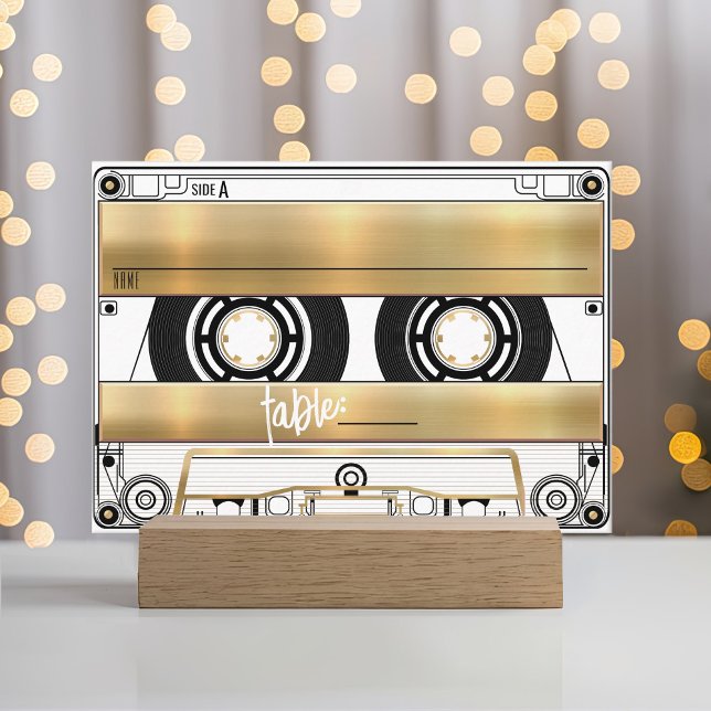 Retro Gold Cassette Tape Wedding Flat Place Card (Retro cassette tape gold black vinyl record music theme flat wedding 50th birthday table place card)