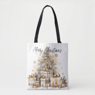 Retro Gold Christmas Tree Merry Christmas Tote Bag