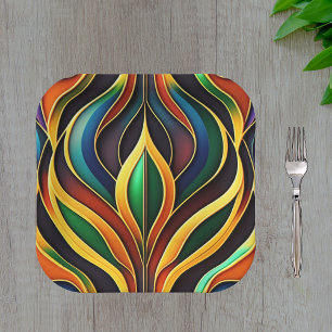 Retro Gold Colourful Art Deco Illustration Paper Plate