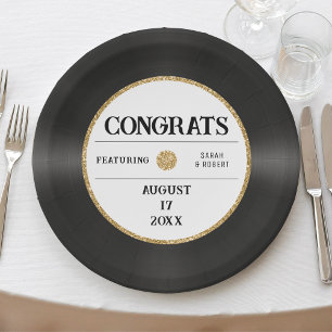 Retro Gold Glitter Vinyl Record Congrats Wedding Paper Plate