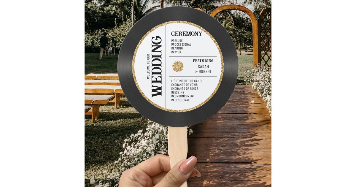 Retro Gold Glitter Vinyl Record Wedding Program Hand Fan Zazzle