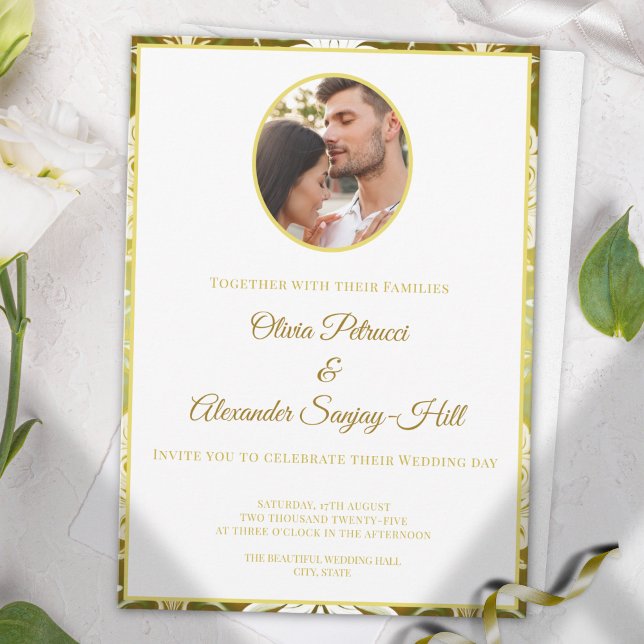 Retro Gold Green Damask 1 Photo Wedding Invitation (Creator Uploaded)