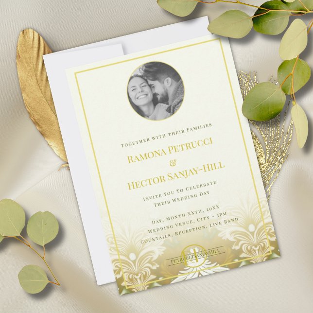 Retro Gold Green Damask 1 Photo Wedding Invitation (Creator Uploaded)