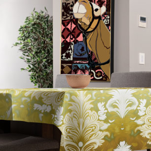Retro Gold Green Damask Pattern Tablecloth