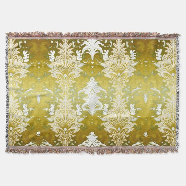 Retro Gold Green Damask Pattern Throw Blanket (Front)