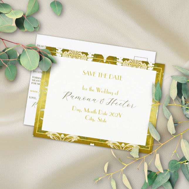 Retro Gold Green Damask Save the Date Announcement Postcard (Creator Uploaded)
