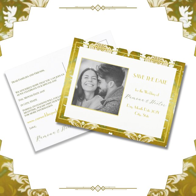 Retro Gold Green Damask Save the Date Announcement Postcard (Creator Uploaded)