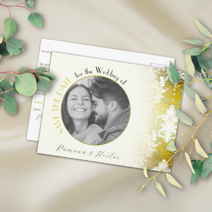 Retro Gold Green Damask Save the Date Photo Announcement Postcard