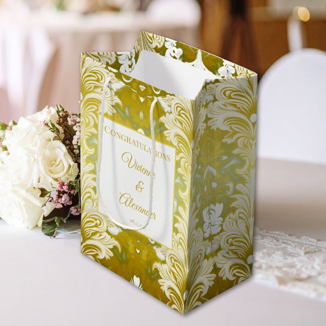 Retro Gold Green Damask Wedding Congratulations Medium Gift Bag (Creator Uploaded)