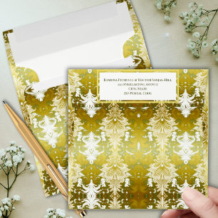 Retro Gold Green Damask Wedding Custom Envelope