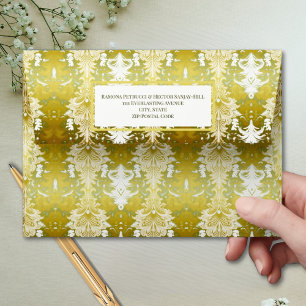 Retro Gold Green Damask Wedding Envelope