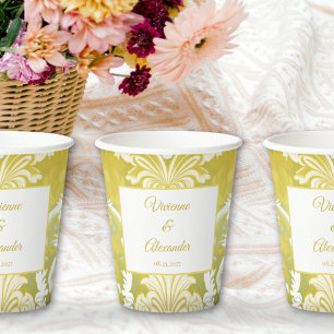 Retro Gold Green Damask Wedding Paper Cups