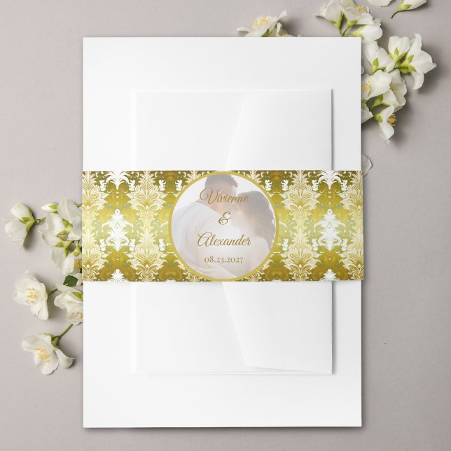 Retro Gold Green Damask Wedding Photo Invitation Belly Band (Creator Uploaded)
