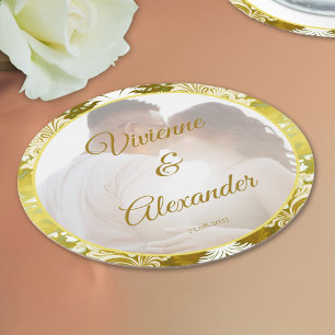 Retro Gold Green Damask Wedding Photo  Round Paper Coaster