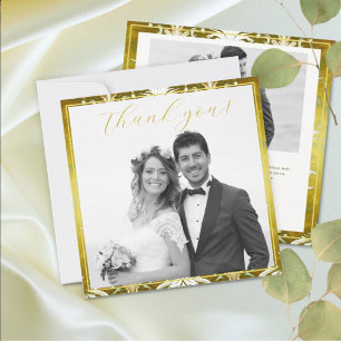 Retro Gold Green Damask Wedding Photo Thank You Card