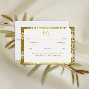 Retro Gold Green Damask Wedding RSVP Card