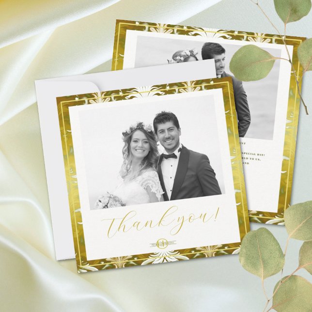 Retro Gold Green Damask Wedding Thank You Card (Creator Uploaded)