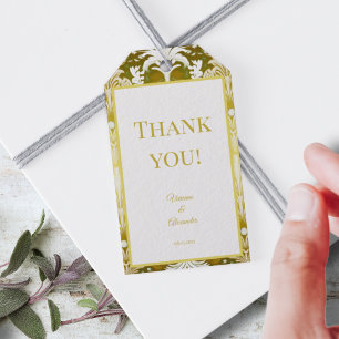 Retro Gold Green Damask Wedding Thank You Gift Tags