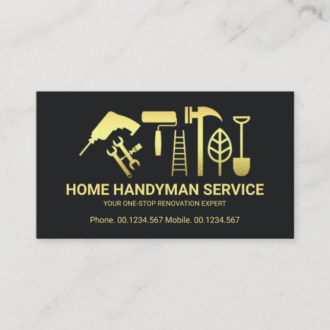 Retro Gold Handyman Tools Motif Business Card (Front)