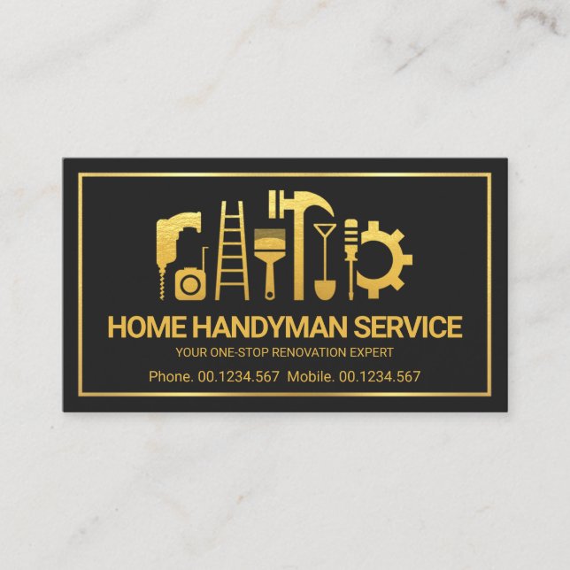 Retro Gold Handyman Tools Motif, Odd Jobs Business Card (Front)