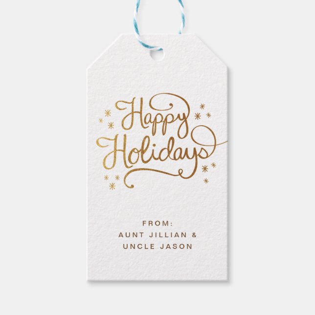 Retro Gold Happy Holiday Script Gift Tag (Front)
