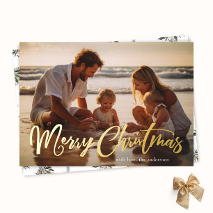 Retro Gold Lettering Merry Christmas Photo Foil Holiday Card